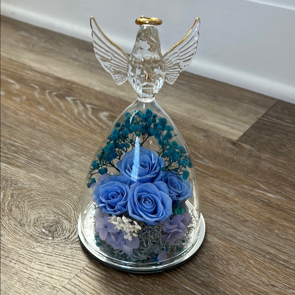 Glass Dome with Angel and Blue Flowers